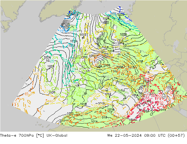 Theta-e 700hPa UK-Global We 22.05.2024 09 UTC