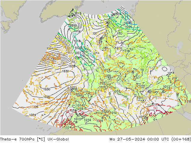 Theta-e 700hPa UK-Global Pzt 27.05.2024 00 UTC