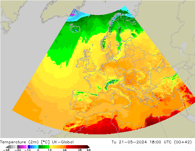 Temperature (2m) UK-Global Tu 21.05.2024 18 UTC