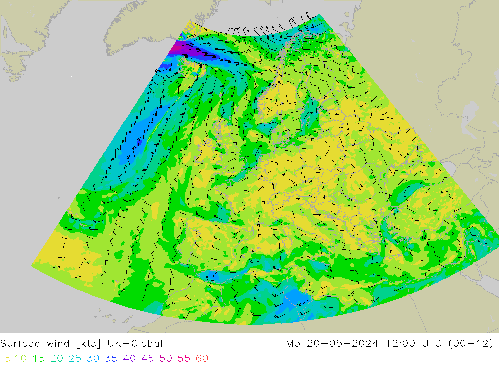 Vent 10 m UK-Global lun 20.05.2024 12 UTC