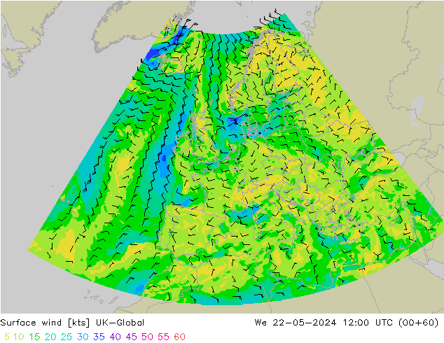 Wind 10 m UK-Global wo 22.05.2024 12 UTC