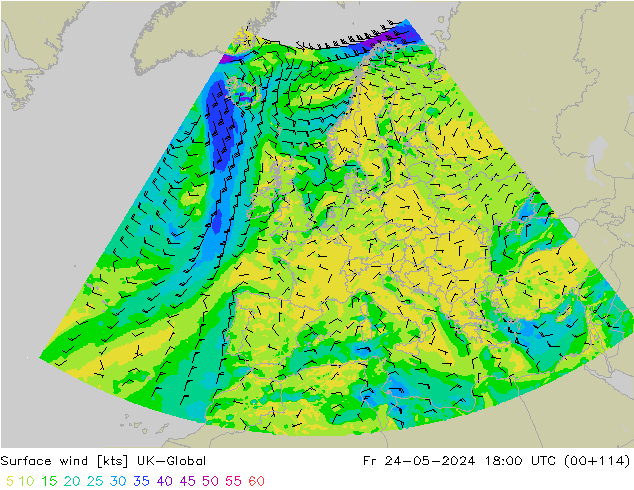 Surface wind UK-Global Fr 24.05.2024 18 UTC