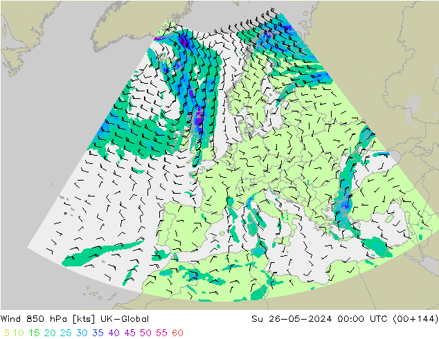 Wind 850 hPa UK-Global So 26.05.2024 00 UTC
