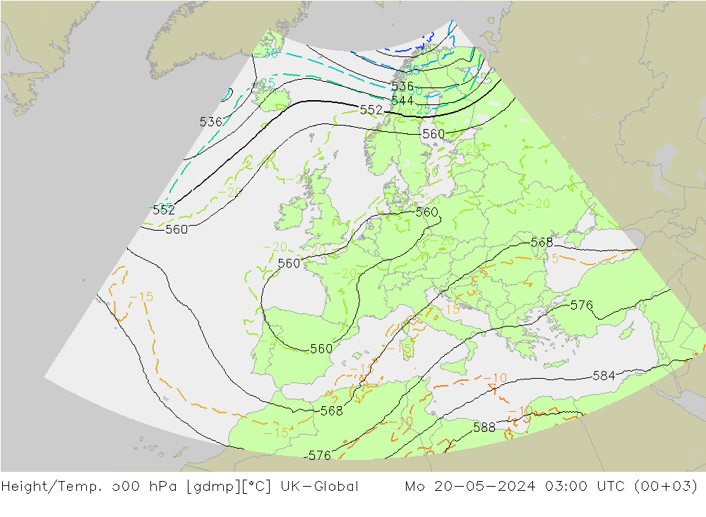 Height/Temp. 500 hPa UK-Global Mo 20.05.2024 03 UTC