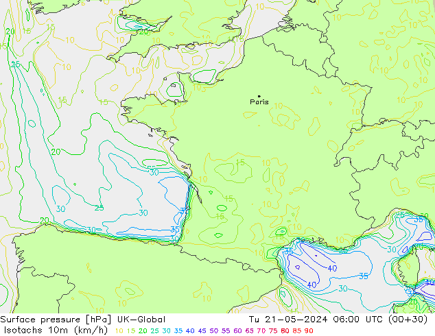 Eşrüzgar Hızları (km/sa) UK-Global Sa 21.05.2024 06 UTC