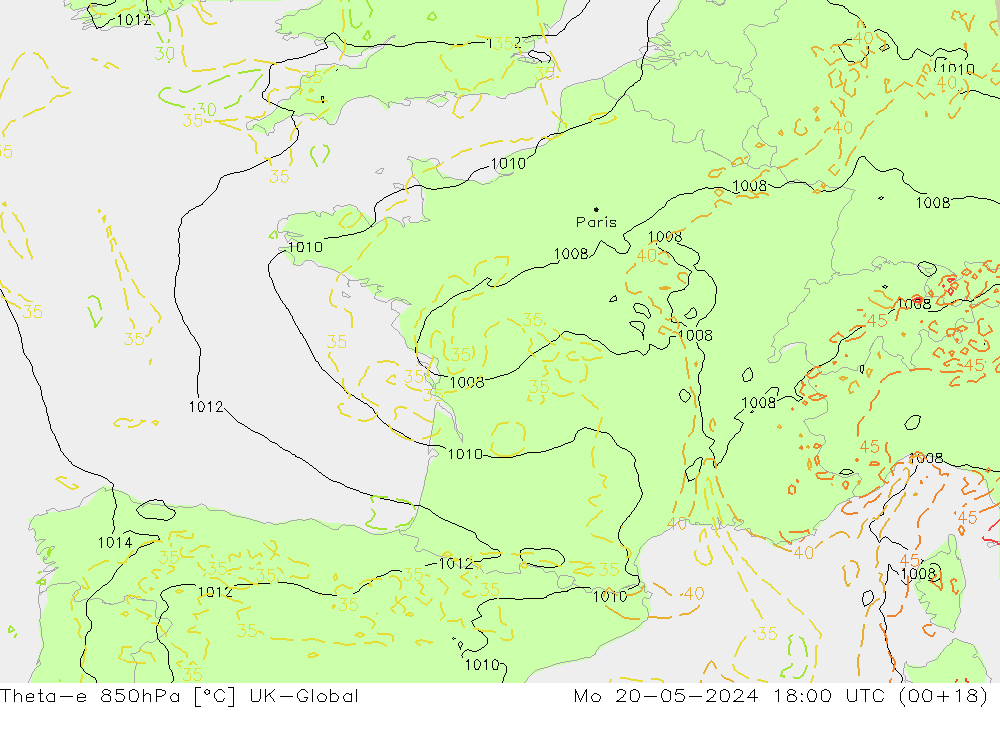 Theta-e 850hPa UK-Global Mo 20.05.2024 18 UTC