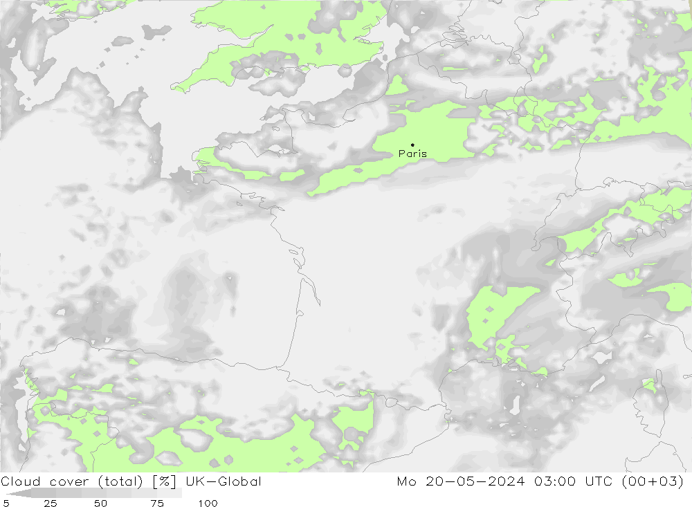 Bewolking (Totaal) UK-Global ma 20.05.2024 03 UTC