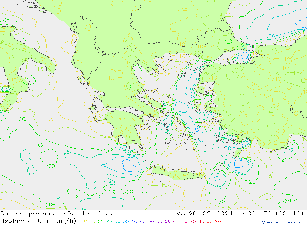 Isotaca (kph) UK-Global lun 20.05.2024 12 UTC
