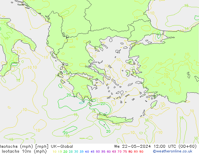 Isotachs (mph) UK-Global mer 22.05.2024 12 UTC