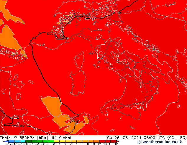 Theta-W 850hPa UK-Global dim 26.05.2024 06 UTC