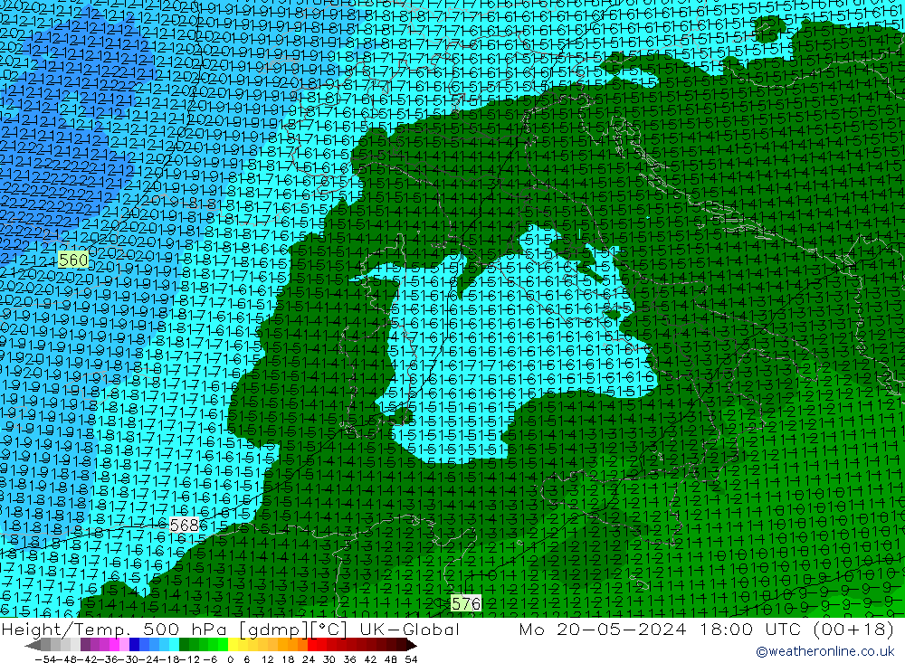 Height/Temp. 500 hPa UK-Global pon. 20.05.2024 18 UTC