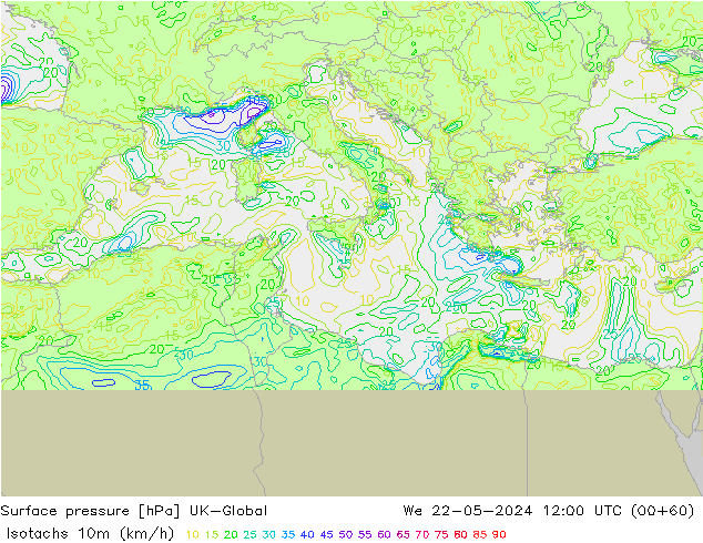 Isotachs (kph) UK-Global mer 22.05.2024 12 UTC