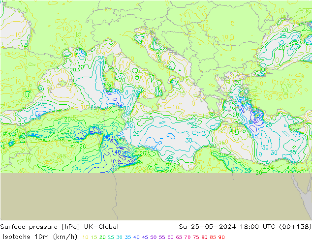 Isotachs (kph) UK-Global Sa 25.05.2024 18 UTC