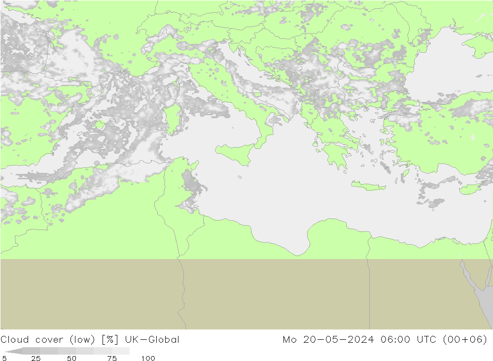 zachmurzenie (niskie) UK-Global pon. 20.05.2024 06 UTC