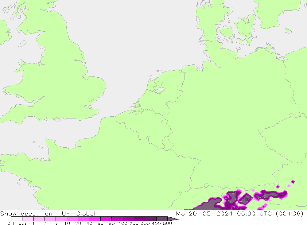 Snow accu. UK-Global Mo 20.05.2024 06 UTC