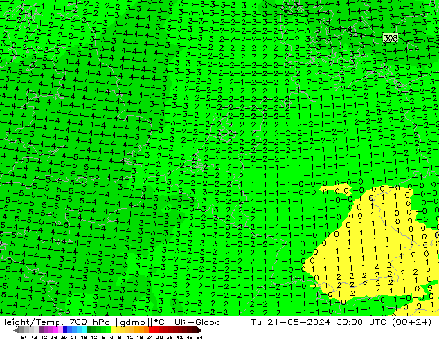 Height/Temp. 700 hPa UK-Global Tu 21.05.2024 00 UTC