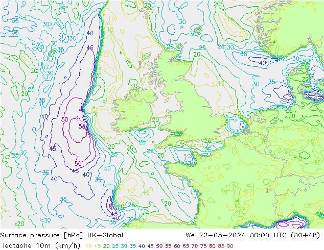 Isotachen (km/h) UK-Global wo 22.05.2024 00 UTC
