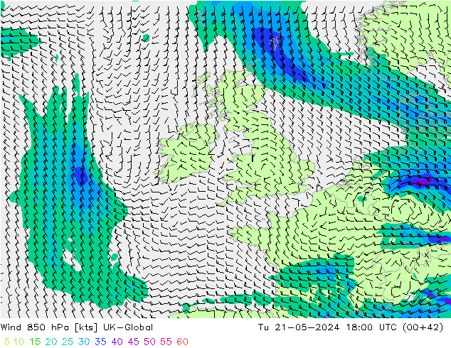 wiatr 850 hPa UK-Global wto. 21.05.2024 18 UTC