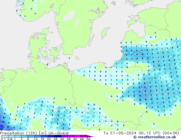 Precipitazione (12h) UK-Global mar 21.05.2024 12 UTC