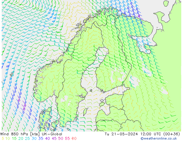 Wind 850 hPa UK-Global Tu 21.05.2024 12 UTC