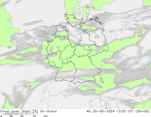 Cloud cover (high) UK-Global Mo 20.05.2024 12 UTC