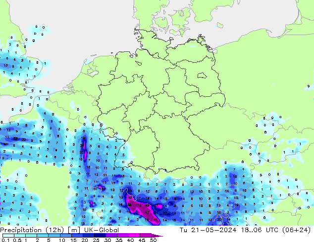 Precipitation (12h) UK-Global Tu 21.05.2024 06 UTC