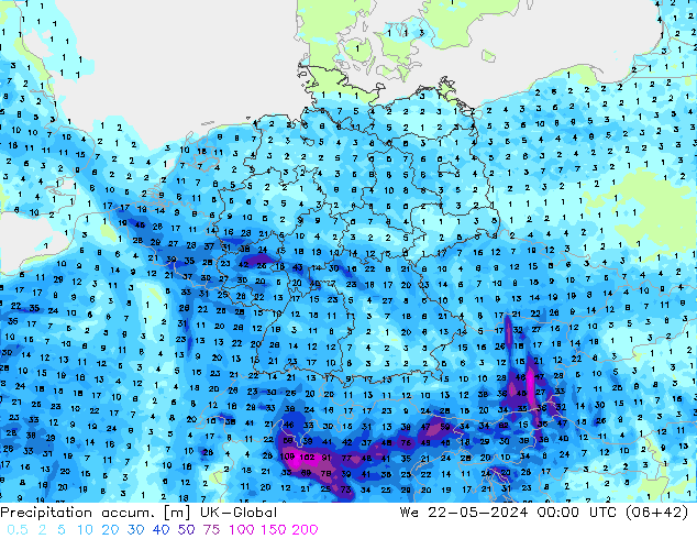 Precipitation accum. UK-Global Qua 22.05.2024 00 UTC
