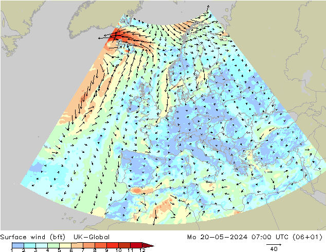 Surface wind (bft) UK-Global Po 20.05.2024 07 UTC