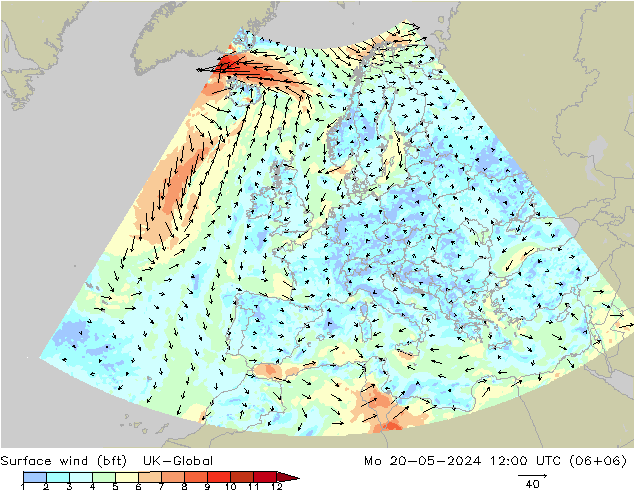 Wind 10 m (bft) UK-Global ma 20.05.2024 12 UTC