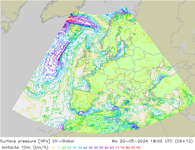 Isotachs (kph) UK-Global Mo 20.05.2024 18 UTC