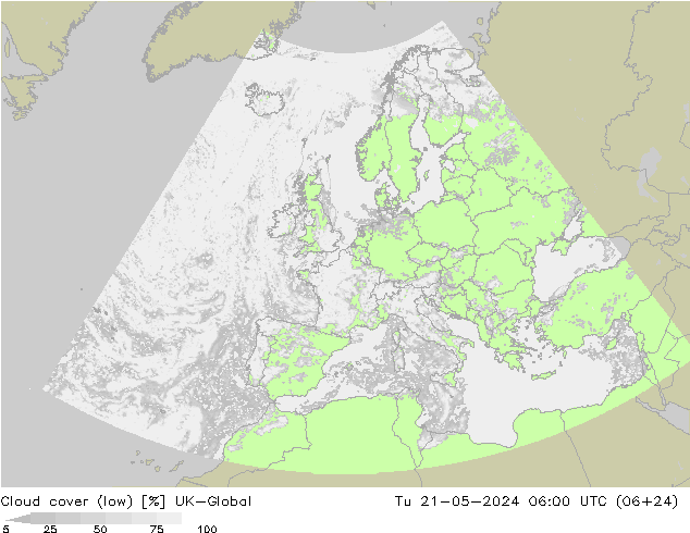 Cloud cover (low) UK-Global Tu 21.05.2024 06 UTC