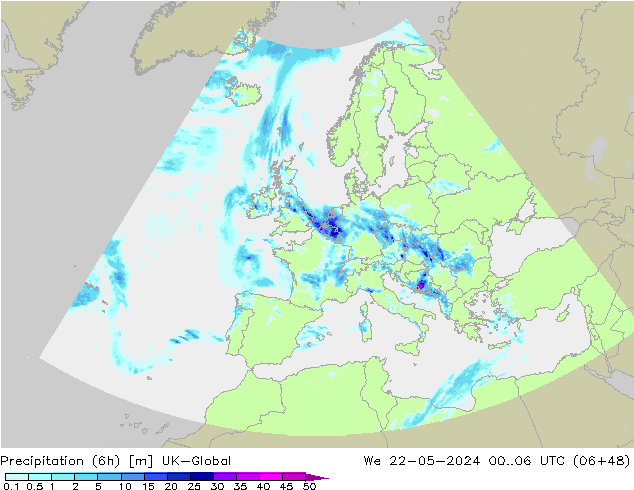 Precipitation (6h) UK-Global We 22.05.2024 06 UTC