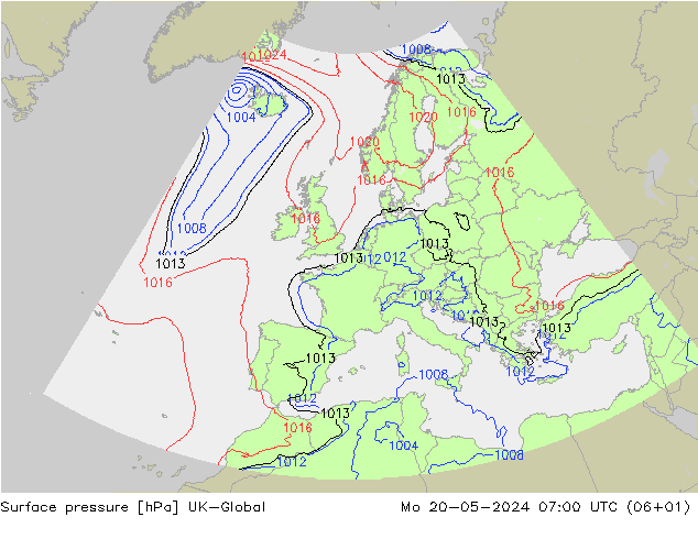 地面气压 UK-Global 星期一 20.05.2024 07 UTC