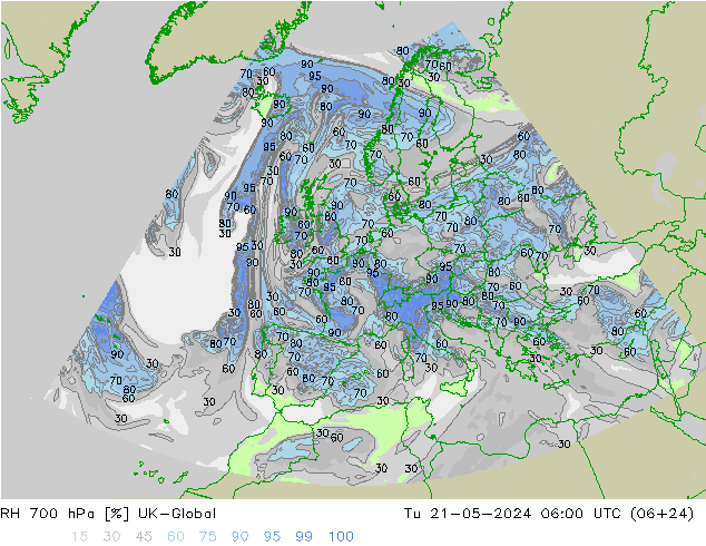 RH 700 hPa UK-Global Tu 21.05.2024 06 UTC