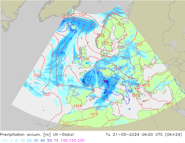 Precipitation accum. UK-Global Út 21.05.2024 06 UTC