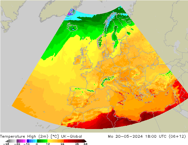 Nejvyšší teplota (2m) UK-Global Po 20.05.2024 18 UTC