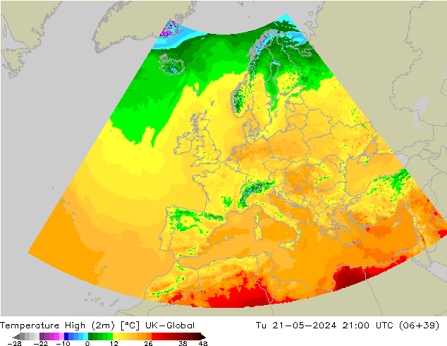Temp. massima (2m) UK-Global mar 21.05.2024 21 UTC