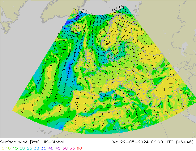 Vent 10 m UK-Global mer 22.05.2024 06 UTC