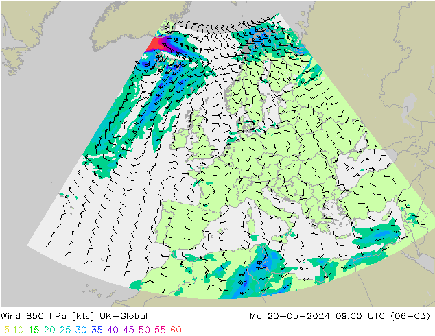 Wind 850 hPa UK-Global Mo 20.05.2024 09 UTC