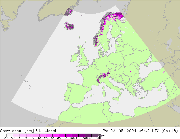 Snow accu. UK-Global mer 22.05.2024 06 UTC