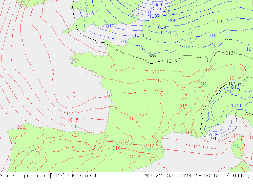 pressão do solo UK-Global Qua 22.05.2024 18 UTC