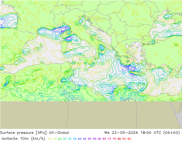 Izotacha (km/godz) UK-Global śro. 22.05.2024 18 UTC