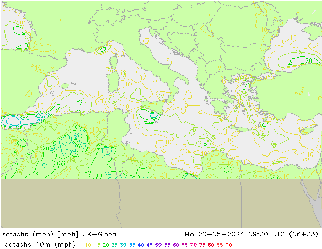 Isotachs (mph) UK-Global Po 20.05.2024 09 UTC
