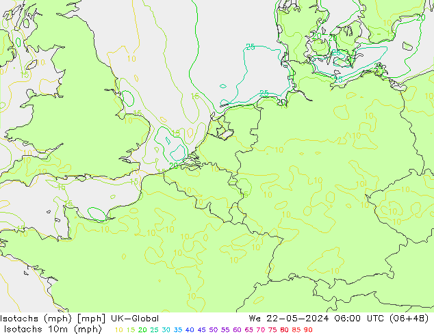 Isotachen (mph) UK-Global Mi 22.05.2024 06 UTC
