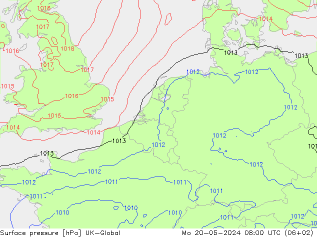 Presión superficial UK-Global lun 20.05.2024 08 UTC