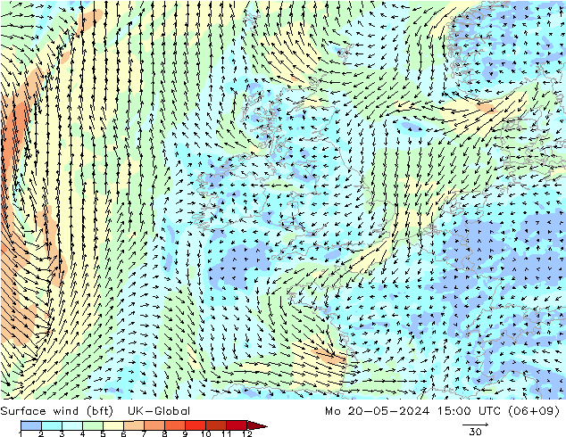 Vento 10 m (bft) UK-Global Seg 20.05.2024 15 UTC