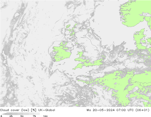 Cloud cover (low) UK-Global Mo 20.05.2024 07 UTC