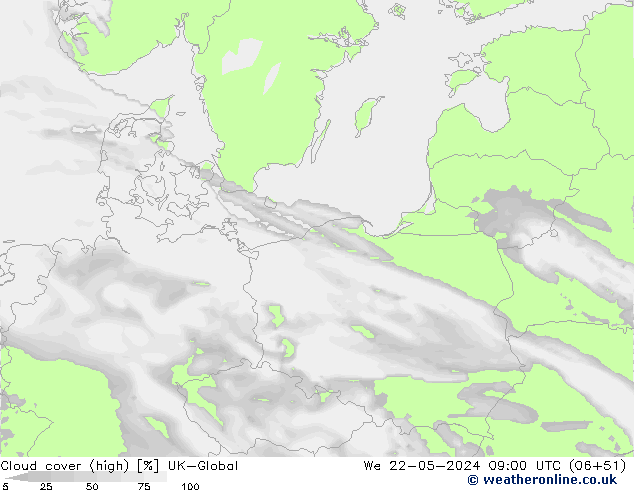 Cloud cover (high) UK-Global We 22.05.2024 09 UTC
