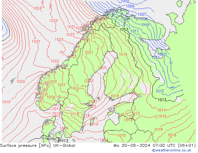 Surface pressure UK-Global Mo 20.05.2024 07 UTC