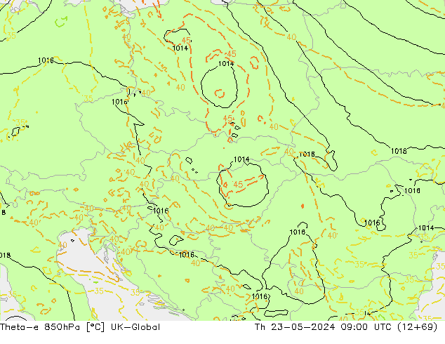 Theta-e 850hPa UK-Global Qui 23.05.2024 09 UTC